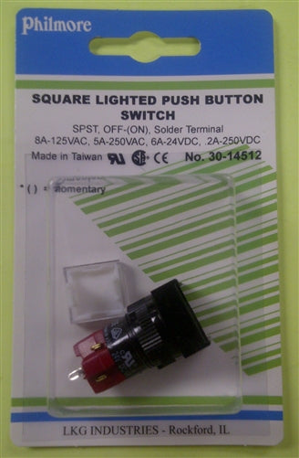 Philmore 30-14512 Square Lighted Push Button Switch, SPST Off-(On), 8A@125VAC / 5A@250VAC / 6A@24VDC, Solder Tab