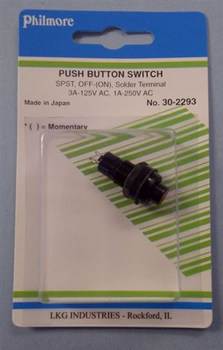 Philmore 30-2293 Miniature Push Button Switch, SPST Off-(On), 3A@125VAC / 1A@250VAC, Red Button, Solder Terminals