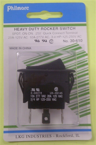 Philmore 30-610 Heavy Duty Rocker Switch SPDT On-On, 20A@125VAC / 10A@277VAC, QC Terminals