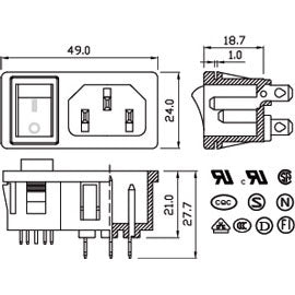 Mode 31-047-0 IEC Male AC Chassis Mount Jack with Switch; 250VAC 10A CSA/UL