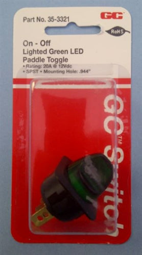 GC 35-3321 Paddle Toggle Switch SPST On-Off, 20A@12VDC, Lighted Green LED, QC Terminals *Not Rated for 120/220V AC*