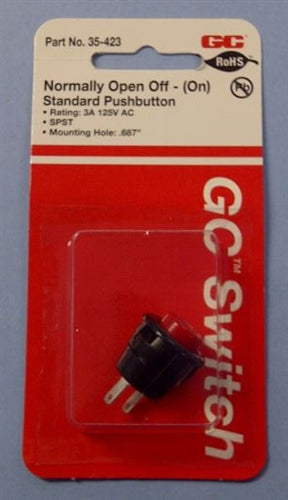 GC 35-423 Standard Push Button Switch SPST Off-(On) Normally Open, 3A@125VAC, Red Button, Solder Terminals