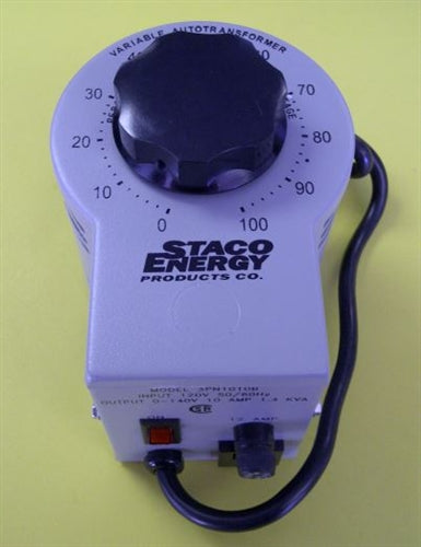 Staco 3PN1010B 10A Variac Transformer 0-140VAC, Variable AC Output, Enclosed Steel Case with Receptacle