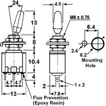Mode 41-210-1 High Current Mini Toggle Switch, SPST On-Off, 10A@125VAC, Solder Terminals