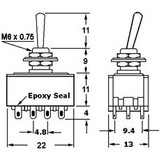 Mode 41-253-1 Standard Sub-Miniature Toggle Switch, 4PDT On-On, 6A@125VAC, Solder Terminals