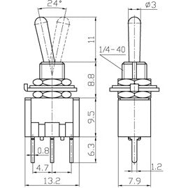Mode 41-263-1 PC Mount Sub-Miniature Toggle Switch, SPDT On-On, 6A@125VAC / 3A@250VAC, Solder Terminals