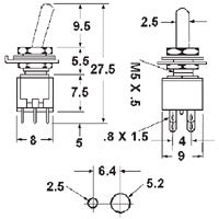 Mode 41-323-1 Ultra Miniature Toggle Switch, DPDT On-On, 3A@125VAC, Solder Terminals