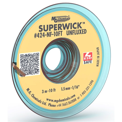 MG Chemicals 424-NF-10FT Super Wick Unfluxed #2 Yellow Desoldering Braid, 1.5mm 1/16", Static Free, 10 Feet