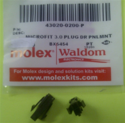 Molex 43020-0200 Micro-Fit 3.0 Plug Housing, Dual Row, 2 Position, UL 94V-0, Panel Mount Ears, Low-Halogen, Black