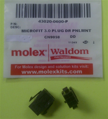 Molex 43020-0600 Micro-Fit 3.0 Plug Housing, Dual Row, 6 Position, UL 94V-0, Panel Mount Ears, Low-Halogen, Black