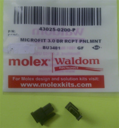 Molex 43025-0200 Micro-Fit 3.0 Receptacle Housing, Dual Row, 2 Position, UL 94V-0, Low-Halogen, Black