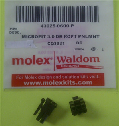 Molex 43025-0600 Micro-Fit 3.0 Receptacle Housing, Dual Row, 6 Position, UL 94V-0, Low-Halogen, Black