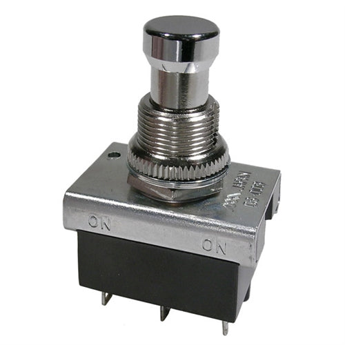 Mode 44-123-1 Alternate Action Push Button Switch, DPDT On-On, 10A@125VAC / 6A@250VAC, Chrome, Solder Terminals