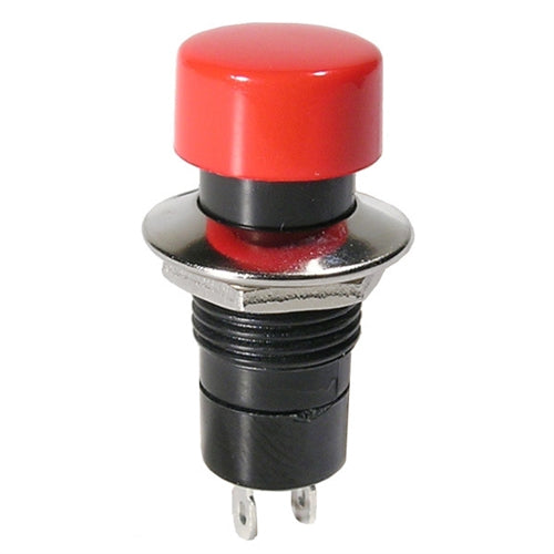 Mode 44-491-1 Push Button Switch, SPST Off-(On) N/O Momentary, 3A@125VAC, 12mm Hole, Red Button, Solder Terminals