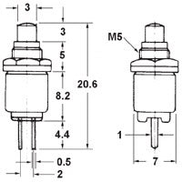 Mode 44-541-1 Miniature Push Button Switch, SPST Off-(On) N/O Momentary, 0.5A@125VAC, Black Button, Solder Terminals