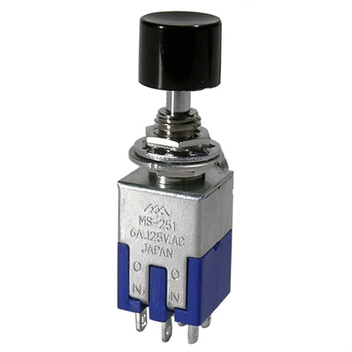 Mode 44-611-1 Push Button Switch, DPDT On-On, 6A@125VAC, with Black Button, Solder Terminals