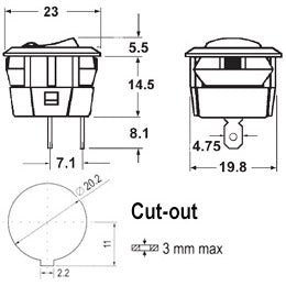 Mode 46-100J-0 Round Rocker Switch SPST On-Off, 16A@125VAC, 10A@250VAC, 20A@14VDC, 10A@28VDC, QC Terminals