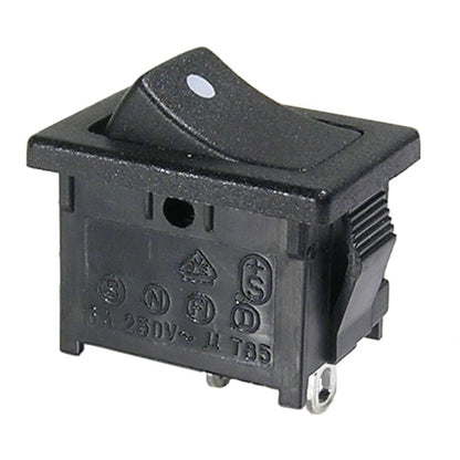 Mode 46-143J-1 Rocker Switch SPST On-Off, 10A@125VAC / 6A@250VAC, Black with White Dot, Solder Terminals