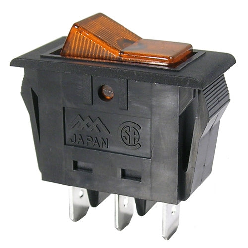 Mode 46-190-0 Rocker Switch SPST On-Off, 15A@125VAC, Amber Neon Indicator, QC Terminals