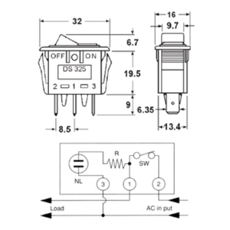 Mode 46-192-0 Rocker Switch SPST 15A@125VAC On-Off, Red Neon Indicator