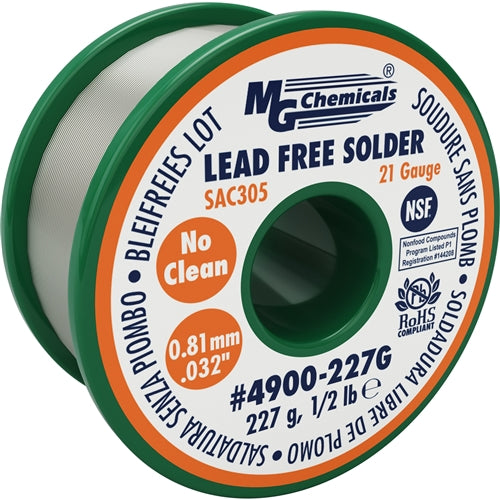 MG Chemicals 4900-227G SAC305 No Clean Solder Wire 2.2% Flux Core 0.81mm (0.032") 227 G (0.5 LB) 21AWG