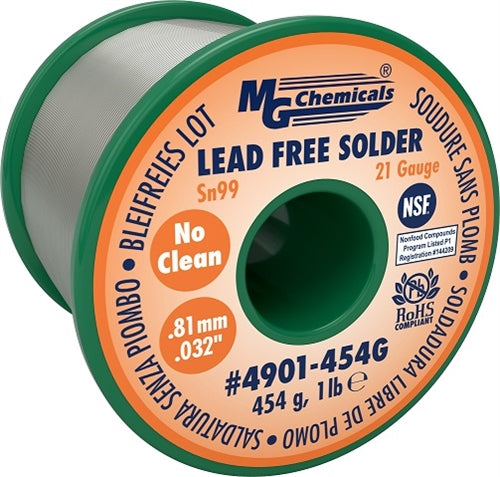 MG Chemicals 4901-454G SN99 No Clean Solder Wire 2.2% Flux Core 0.81mm (0.032 in) 454 G (1 LB) 21AWG Spool