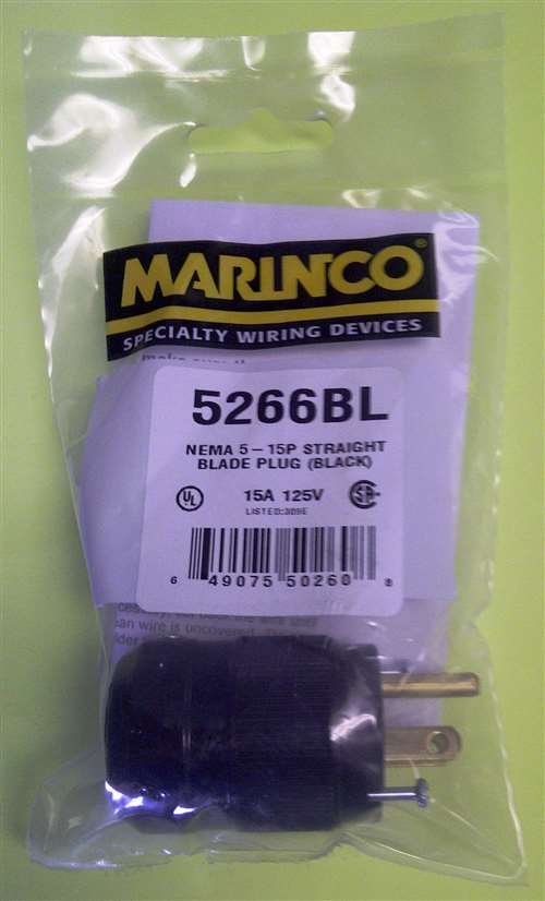 Marinco 5266BL Standard AC Plug, Black Body in Black Housing 125V 15A 2P 3W (5-15P)