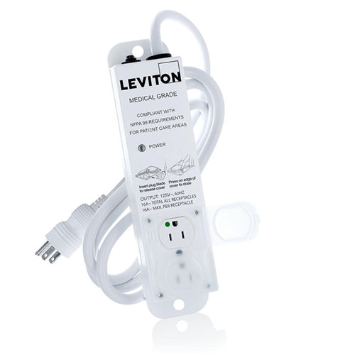 Leviton 5302M-1N7 Medical Grade Power Strip 2-OUTLETS, No Surge, NEMA 5-15P/5-15R, 15A (12A Max Continuous), 7'cord
