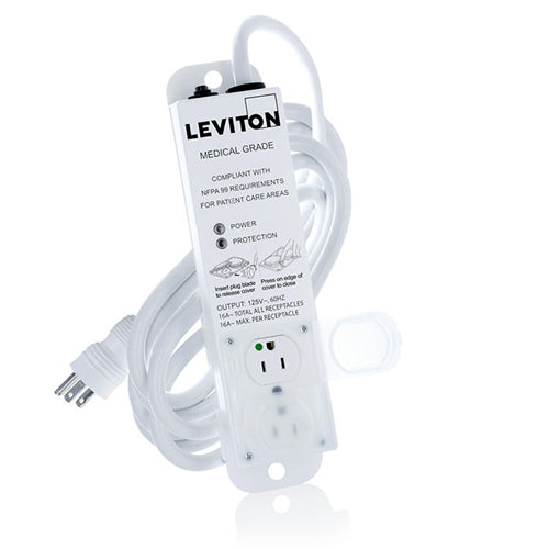 Leviton 5302M-1S5 Medical Grade Power Strip 2-OUTLETS, with Surge, NEMA 5-15P/5-15R, 15A (12A Max Continuous), 15'cord