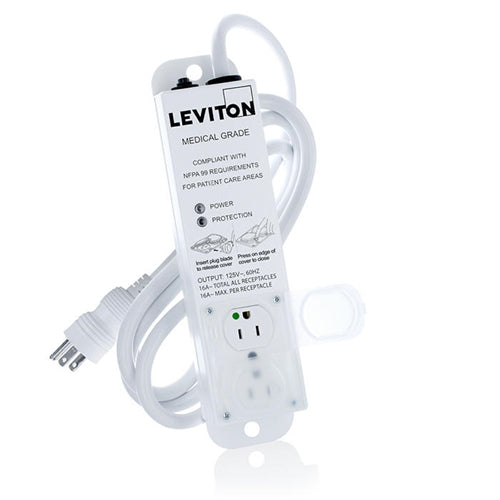 Leviton 5302M-1S7 Medical Grade Power Strip 2-OUTLETS, with Surge, NEMA 5-15P/5-15R, 15A (12A Max Continuous), 7'cord