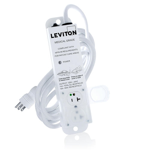 Leviton 5302M-2N5 Medical Grade Power Strip 2-OUTLETS, No Surge, NEMA 5-20P/5-20R, 20A (16A Max Continuous), 15'cord