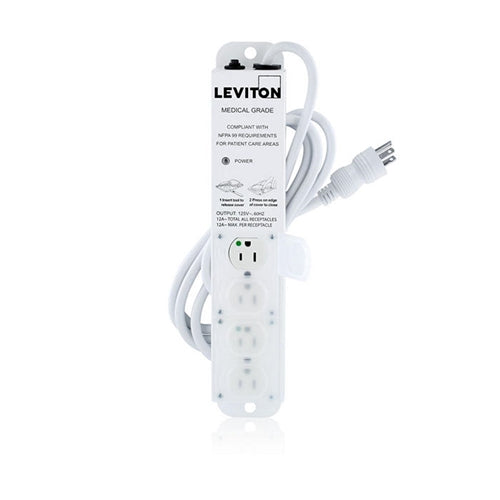 Leviton 5304M-1N7 Medical Grade Power Strip 4-OUTLETS, No Surge, NEMA 5-15P/5-15R, 15A (12A Max Continuous), 7'cord