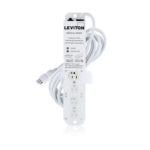Leviton 5304M-1S5 Medical Grade Power Strip 4-OUTLETS, with Surge, NEMA 5-15P/5-15R, 15A (12A Max Continuous), 15'cord
