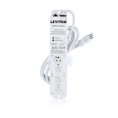 Leviton 5304M-1S7 Medical Grade Power Strip 4-OUTLETS, with Surge, NEMA 5-15P/5-15R, 15A (12A Max Continuous), 7'cord