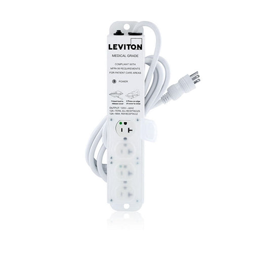 Leviton 5304M-2N7 Medical Grade Power Strip 4-OUTLETS, No Surge, NEMA 5-20P/5-20R, 20A (16A Max Continuous), 7'cord