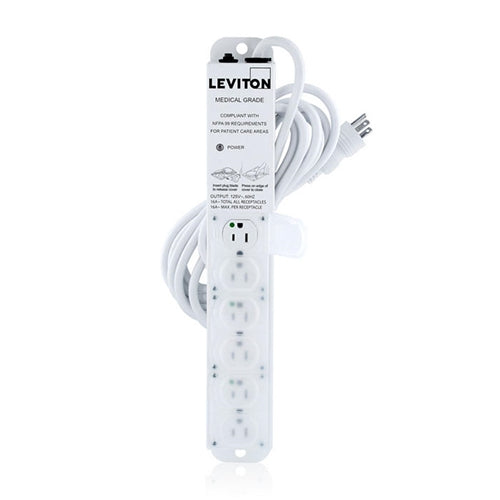 Leviton 5306M-1N5 Medical Grade Power Strip 6-OUTLETS, No Surge, NEMA 5-15P/5-15R, 15A (12A Max Continuous), 15'cord