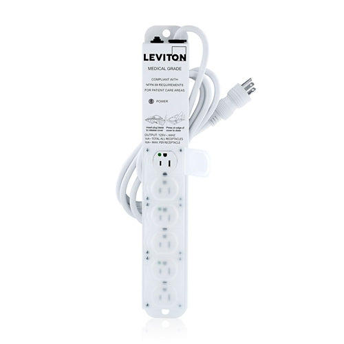 Leviton 5306M-1N7 Medical Grade Power Strip 6-OUTLETS, No Surge, NEMA 5-15P/5-15R, 15A (12A Max Continuous), 7'cord