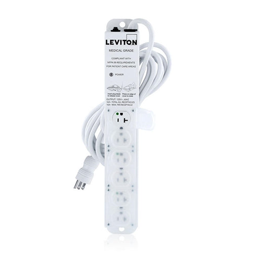 Leviton 5306M-2N5 Medical Grade Power Strip 6-OUTLETS, No Surge, NEMA 5-20P/5-20R, 20A (16A Max Continuous), 15' Cord