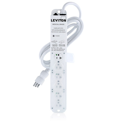 Leviton 5306M-2N7 Medical Grade Power Strip 6-OUTLETS, No Surge, NEMA 5-20P/5-20R, 20A (16A Max Continuous), 7'cord