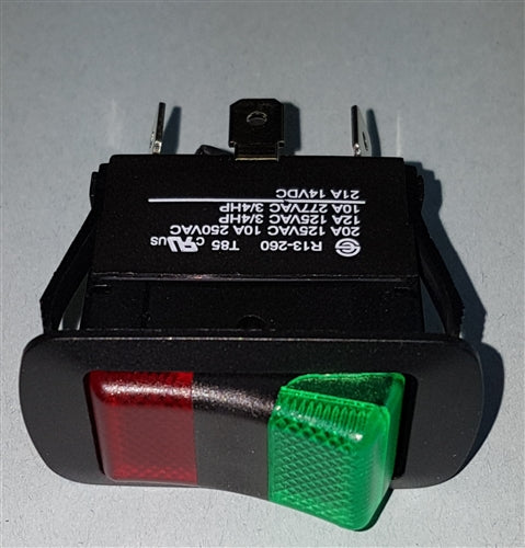 NTE 54-238W Waterproof Lighted Rocker Switch SPDT On-On, 20A@125VAC / 10A@250VAC / 21A@14VDC, Red/Green, QC Tabs