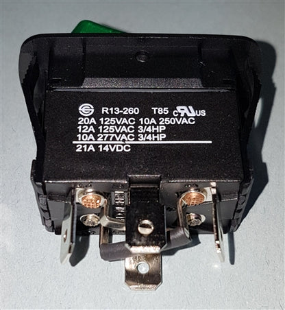 NTE 54-238W Waterproof Lighted Rocker Switch SPDT On-On, 20A@125VAC / 10A@250VAC / 21A@14VDC, Red/Green, QC Tabs