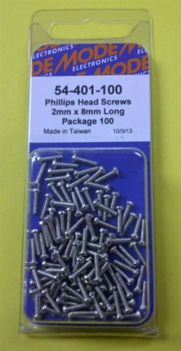 Mode 54-401-100 2mm x 8mm Nickel Plated Round Phillips Head Bolts / Screws (Metric) 100/Pack