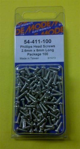 Mode 54-411-100 2.6mm x 8mm Nickel Plated Round Phillips Head Bolts / Screws (Metric) 100/Pack