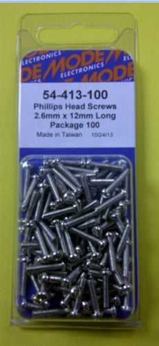 Mode 54-413-100 2.6mm x 12mm Nickel Plated Round Phillips Head Bolts / Screws (Metric) 100/Pack