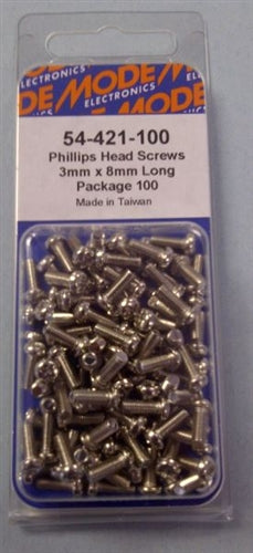 Mode 54-421-100 3mm x 8mm Nickel Plated Round Phillips Head Bolts / Screws (Metric) 100/Pack