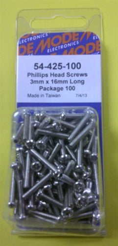 Mode 54-425-100 3mm x 16mm Nickel Plated Round Phillips Head Bolts / Screws (Metric) 100/Pack
