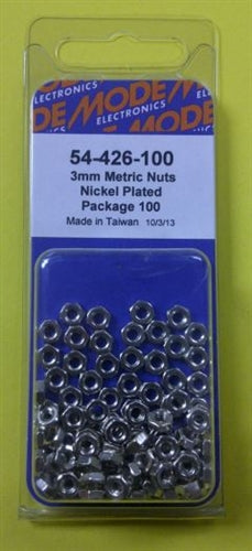 Mode 54-426-100 3mm Nickel Plated Nuts (Metric) 100/Pack