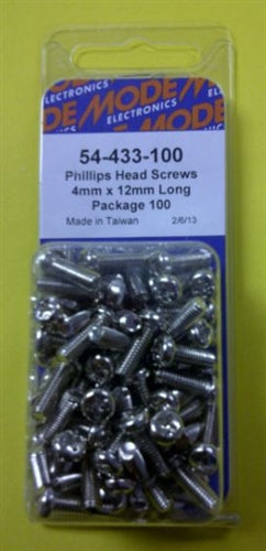 Mode 54-433-100 4mm x 12mm Nickel Plated Round Phillips Head Bolts / Screws (Metric) 100/Pack