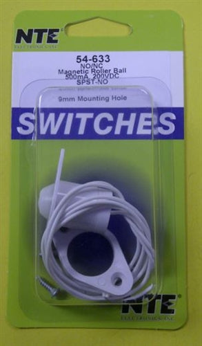 NTE 54-633 Magnetic Roller Ball Switch, 10W/Va SPST-NO, White with 18" Leads, for Closed Loop Alarm System