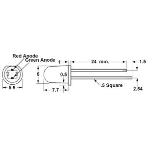 Mode 55-582-0 Dual Color 5mm LED (Red/Green), 2-LEAD, Brightness 2.2/3.5 MCD